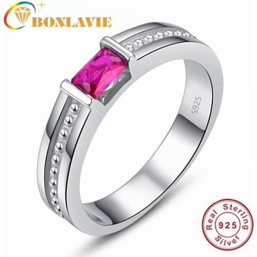 BONLAVIE Embedded Rectangular Ruby 925 Silver Male Ring for Men and Women Wedding and Engagement