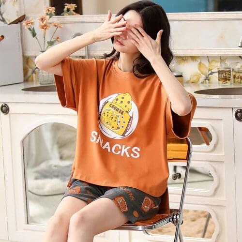 BZEL Cute Cookies Pattern Sleepwear For Women Cotton Home Suit Orange Top Gray Shorts Pajamas Set Casual Pijamas Comfort Pyjamas