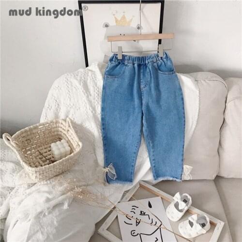 Mudkingdom Girl Denim Pants Bow Elastic Waist Split Fork Slant Pocket Slim Jeans for Little Girls Spring Autumn Trousers Clothes