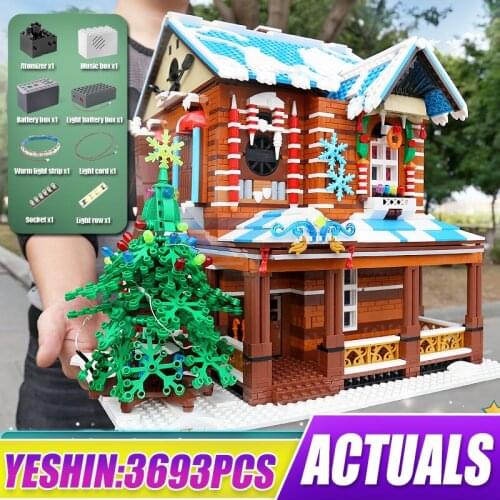Mould King City Street View The Christmas House with Led Music Box Modular MOC Bricks Model Building Blocks Toy Christmas Gift