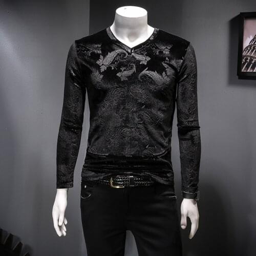 Casual British Style Top Hip Hop Social Streetwear Vintage T Shirts Men Velvet V Lead Club Outfits Men Long Sleeve T Shirts Tee