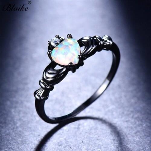 Blaike Charming White Heart Fire Opal Claddagh Ring For Women Vintage Black Gold Filled Finger Jewelry Promise Birthstone Ring