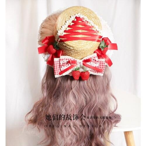 Strawberry Red Plaid Lolita Straw Hat Japanese Bow Lace Sunshade Female Hat