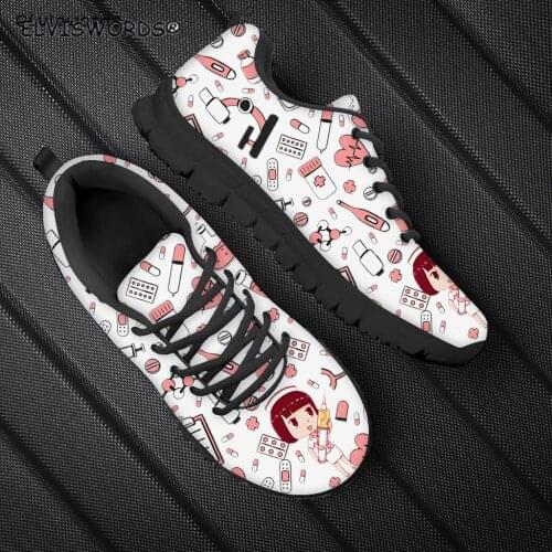 ELVISWORDS Lovely Nurse Girl Printed Leisure Ladies Walking Shoes Comfortable Womens Flat-Shoes Non-slip Females Sneakers Soft
