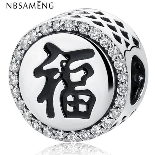 Newest Authentic 925 Sterling Silver Clear CZ Chinese Word Fu Charm Beads Fit Bracelets& Bangles DIY Jewelry Gifts