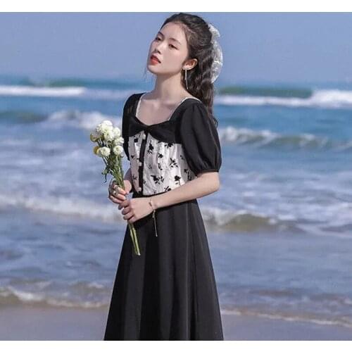 New Summer Dresses Women Black Square Collar Puff Sleeve Vintage A-line Dress Female Print Korean Clothing Vestidos