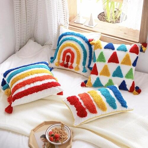 Morocco Style Hand-Woven Pillow Cover Sofa Bed Cotton Embroidery Tufted Rainbow Decorative Pillowcase With Tassels Cushion Cover