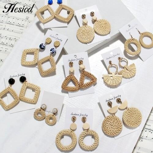 Bohemia Geometric Rattan Knit Earrings Handmade Multilayer Straw Weave Round Triangle Earring Oversize Jewelry For Women Girls