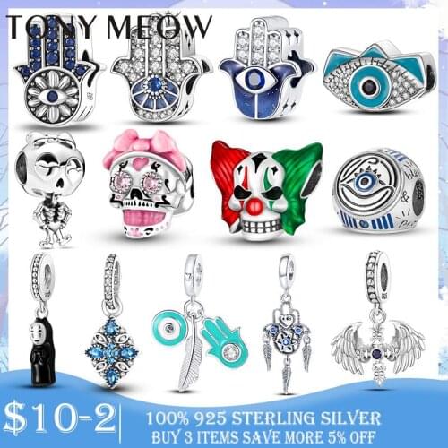 Lucky Fatima Hand Charm 925 Sterling Silver Blue Eyes Hamsa Hand Dangle Charm Beads fit Original Bracelet Silver 925 jewelry