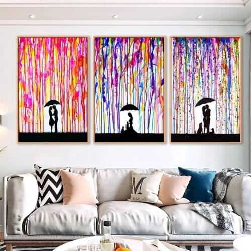 Rainbow Rain Graffiti Art Canvas Painting Kiss Lovers Wall Art Posters and Prints Modern Decorative Pictures Living Room Decor