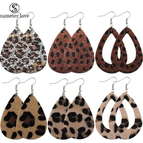 Unique Exaggerant Horse Hair Leopard PU Faux Leather Earrings Fashion Hollow Teardrop Drop Dangle Earrings for Women Jewelry