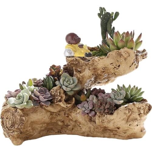 Resin Succulent Flower Pot Driftwood Three-hole Stone Shape Planter Sculpture Cactus Container