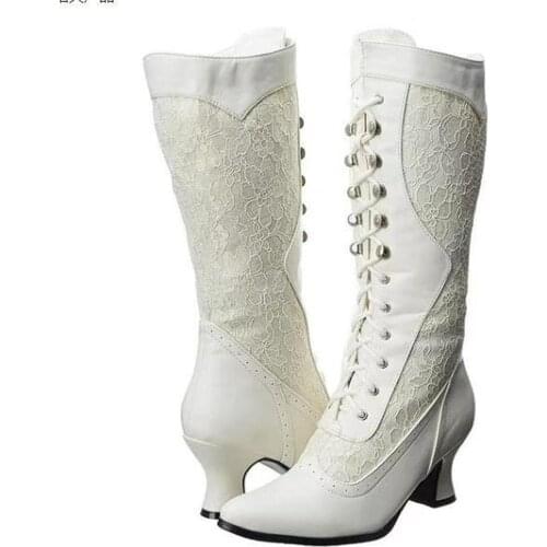 US4-14 Women Victorian Pointed Toe Mid-Calf Boots Lace Hollow Out Punk Lace Up Strange High Heel Shoes Plus Size