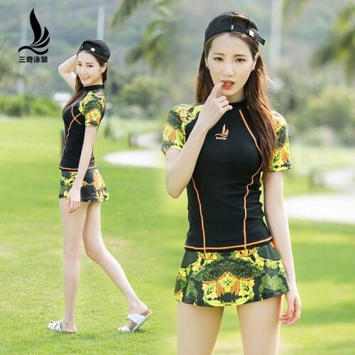 SANQi female swimsuit womens short-sleeved split skirt conservative sports small chest gathered large size hot spring swimwear