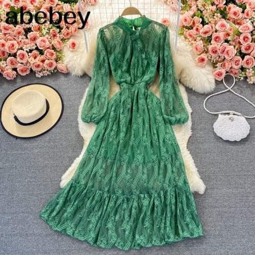 2021 New Spring Autumn Elegant stand collar long sleeve Dress Ruffles hollow out Crochet high waist mid-length lace Dress