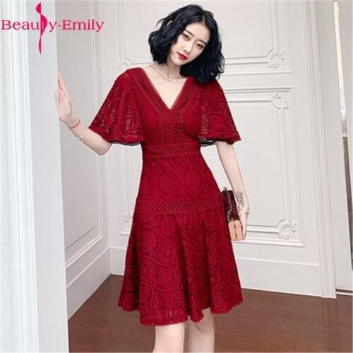 Beauty Emily Short Burgundy Prom Dress 2020 For Woman Lace Embroidery Cap Sleeves Graduation Party Gowns Casual Dress Girls