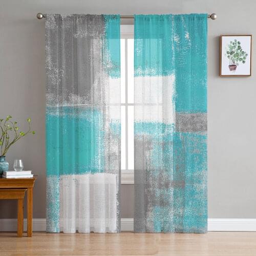 Oil Painting Abstract Geometric Gray Blue Tulle Window Treatment Sheer Curtains for Living Room the Bedroom Curtains Decoration