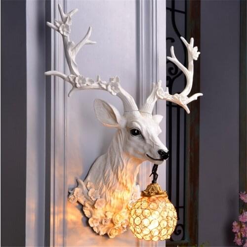 American Retro Resin Wall Lamp Deer Head Wall Light Bedroom Living Room Corridor Aisle Antler Wall Lighting for Home Decoration