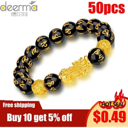 50 pcs Feng Shui Obsidian Stone Beads Bracelet Men Women Unisex Wristband Gold Black Pixiu Wealth and Good Luck Women Bracelet