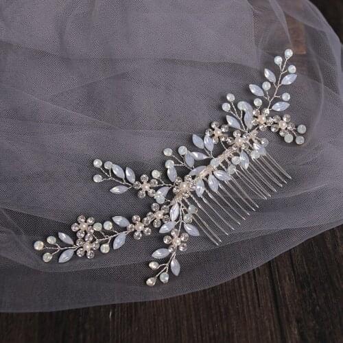 Floralbride Handmade Alloy Opal Rhinestones Crystal Flower Leaf Pearls Bridal Hair Comb Wedding Hair Accessories Women Jewelry