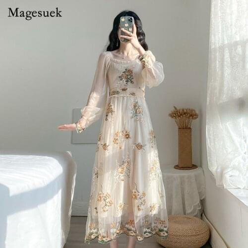 French Floral Embroidery Party Dress Long Sleeve Mesh Embroided Dresses Lantern Sleeve Sweet High Waist Long Dress Vestido 10120