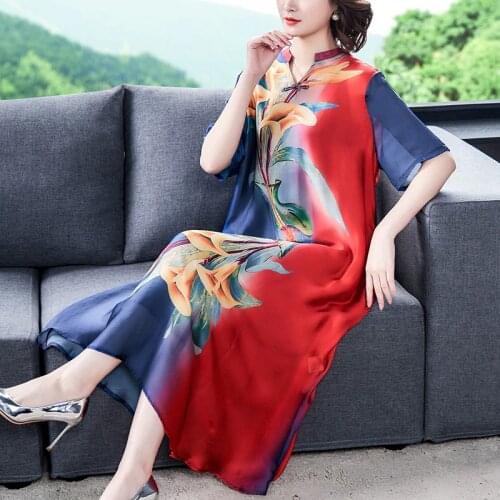 Imitate Silk Dress Vintage improved Cheongsam Dresses Elegant Loose Large Size Irregular Print Dress New Summer Womens Dresses