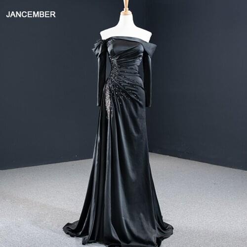 J67153 Removable Long Sleeve Pure Black High Slit A-Line Crystal Party Gowns Evening Dress 2020 Boat Neck فستان زفاف
