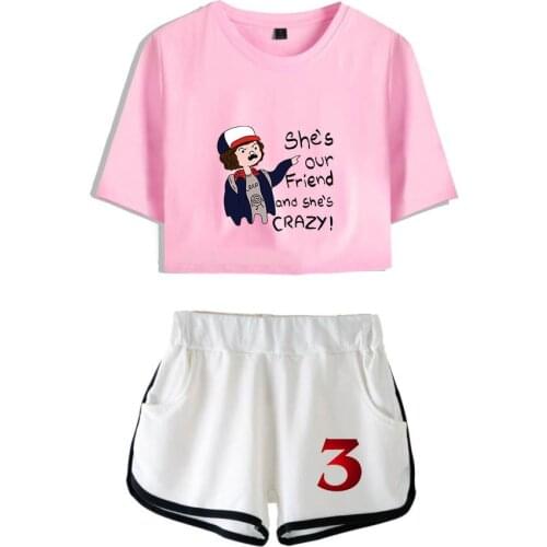 Stranger Things Navel Tshirt Two Piece Set Summer Hot New Sexy Top+Pants Suit Girl Sets Stranger Things t shirt+Short Pants
