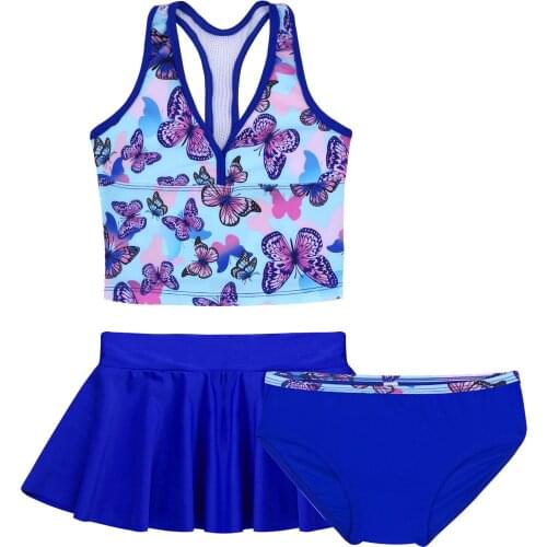 TiaoBug Summer Kids Girls 3Pcs Tankini Floral Printed Bikini Sets Swimsuit Swimwear Bathing Suit Set Tops With Bottoms Skirt