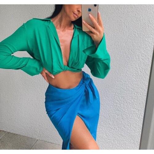 XEASY 2021 Summer Women Vintage Elegant Green Blouse Female Sexy V Neck Streetwears Casual Tie Slim Chic Blusas Top