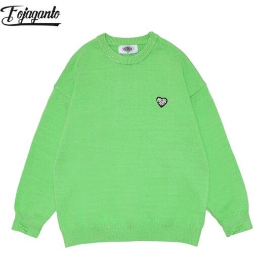 FOJAGANTO Mens Fashion Sweaters Korean Solid Color Love Jacquard Couple Pullover Basic Street Harajuku Casual Knit Sweater Male