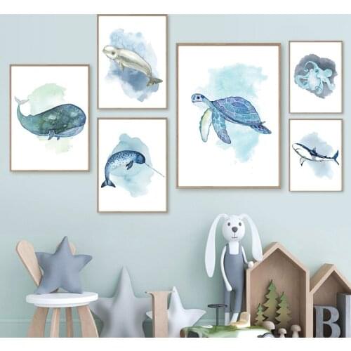 Sea Turtle Whale Dolphin Shark Squid Wall Art Canvas Painting Nordic Posters And Prints Cartoons Wall Pictures Kids Room Decor