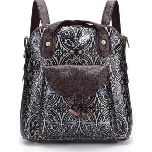 Chinese Style New retro handbags hand-cleaning color backpack embossed shoulder bag women backpack Girl Genuine leather Rucksack