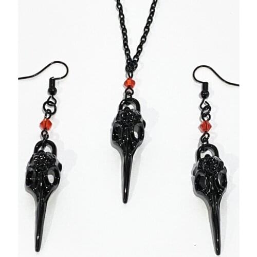 3pcs/set Black Crow Raven Bird Skull Necklace&Earrings with Red Crystal Beads Gothic style Female Bijoux Party Gift Wholesale