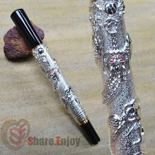 FOUNTAIN PEN JINHAO 41 NOBLE SILVER FINE NIB DRAGON EMBOSSED NEW