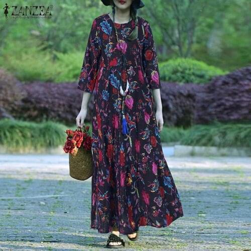 Vintage Printed Dress Womens Spring Sundress ZANZEA 2021 Casual Long Sleeve Maxi Vestidos Female Cotton Floral Robe Plus Size