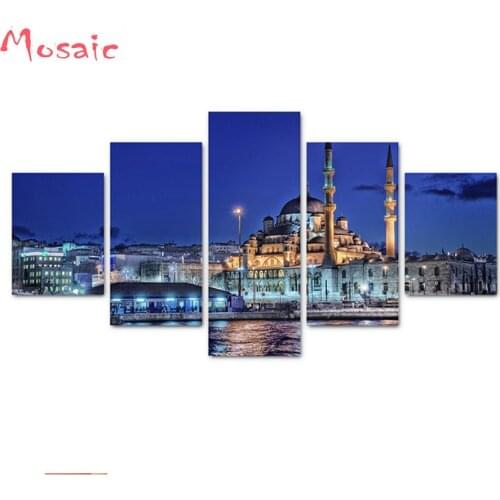 Full,square/round DIY Diamond Painting 5 Panel Turkish Mosque Night Landscape Embroidery,Cross Stitch,Mosaic Diamond home decor