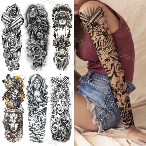 Large Size Temporary Sleeve Tattoos For Women Men Full Arm Realistic Pistol Nun Rose Fake Tattoo Creative Body Art Tattos Indian