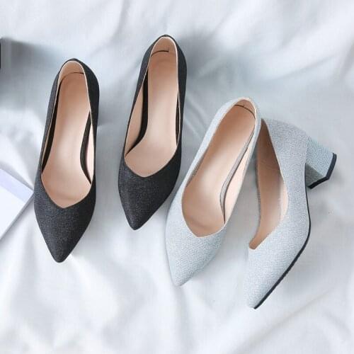 YQBTDL Fashion Party Dress Womens Shoes Block High Heels Black Blue Pointed Toe Slip on Pumps Women Shoes Summer Spring 2020