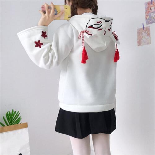 Winter Plus Cashmere Womens Clothing Anime Japan Style Fox Hoodies White Harajuku Student Girl Loose Bell Sleeve Top
