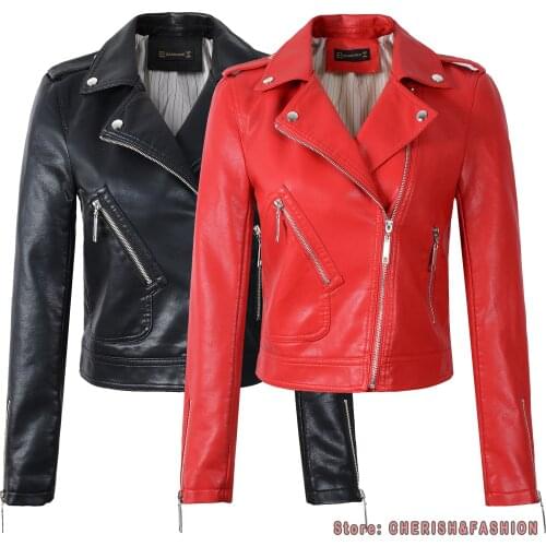 2020 New Autumn Winter Women Motorcycle Faux PU Leather Red Black Jackets Lady Biker Outerwear Coat Zipper Outerwear jacket HOT