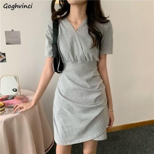 Dresses Women Sexy V-neck Popular Solid Simple Folds Harajuku Summer Mini Student High Street Holiday Friends All-match Korean
