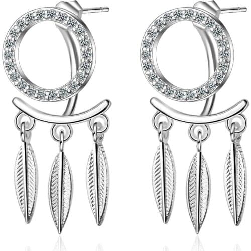 Feather Dream Catcher Sweet Round 925 Sterling Silver Earrings For Women Ziron Fashion Korean Jewelry Aretes De Mujer
