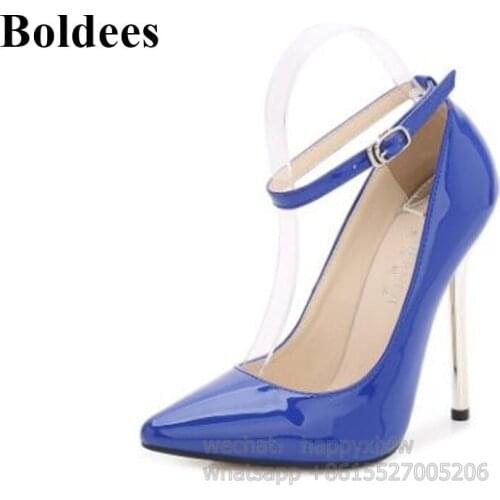 Discount Factory Price Women Pointed Toe 16cm High Heeled Dress Shoes Ankle Wrap Buckle Designer Metal Heel Party Shoe Plus 44