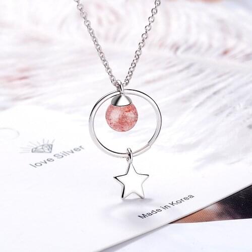 Natural Strawberry Crystal Necklace Tassel Circle Star Pendant Necklace For Women Gift 925 Sterling Silver Jewelry DZ389