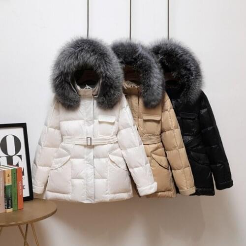 2021 Winter 90% White Duck Down Coat Women Large Natural Fox Fur Hooded Warm Jacket Sash Tie Up Parkas Snow Outwear