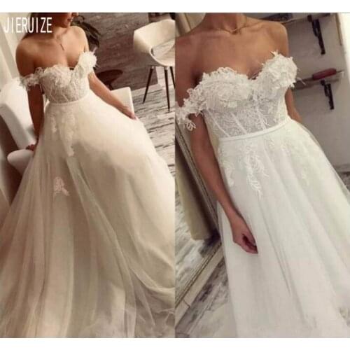JIERUIZE White Tulle Sexy Boho Wedding Dresses Off The Shoulder Lace Appliques Beach Wedding Gowns Backless vestido de novia