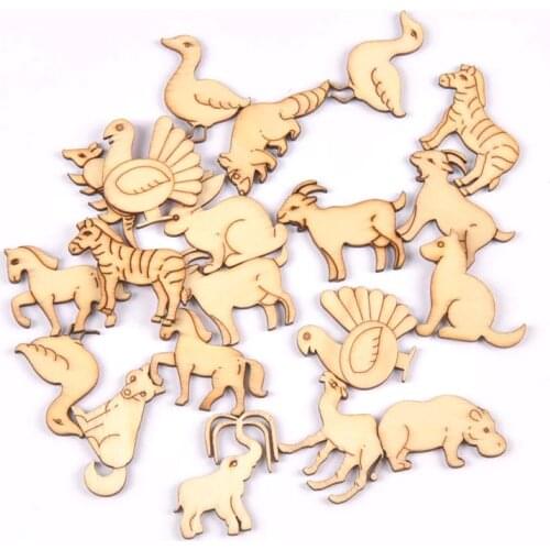 10pcs 30-45mm Random Mixed Animal Pattern Natural Wood Ornaments Diy Scrapbooking Carft For Home Decoration Embellishments m2677