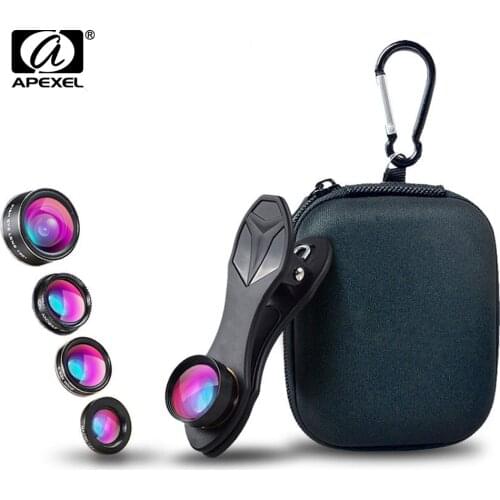 APEXEL HD 5 in 1 Phone Camera Lens Kit Fisheye Lens+0.63x Wide Angle+15x Macro Lens+2X Telephoto Lens+CPL Lens For Most Phones