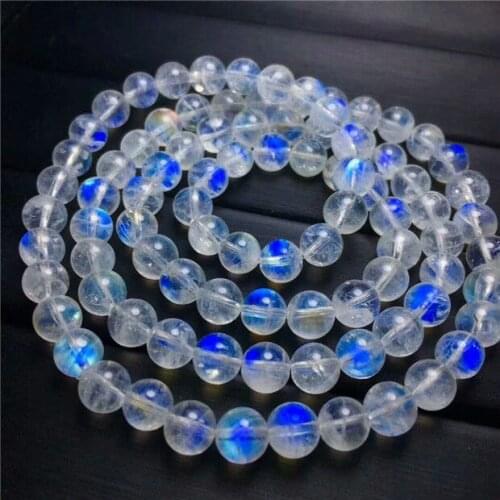 3ROWS Natural Moonstone Blue Light Crystal Bracelet AAAA 5.5mm